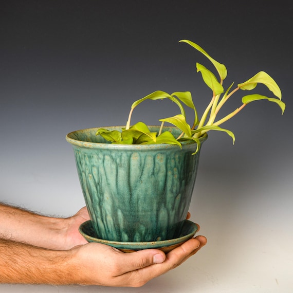Wheel Thrown Planter with Drainage Holes in Green Glaze, Stoneware Plant Pot #652