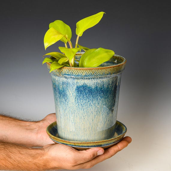 Ceramic Planter with Drainage Holes in Blue & White Glaze, Stoneware Plant Pot #673