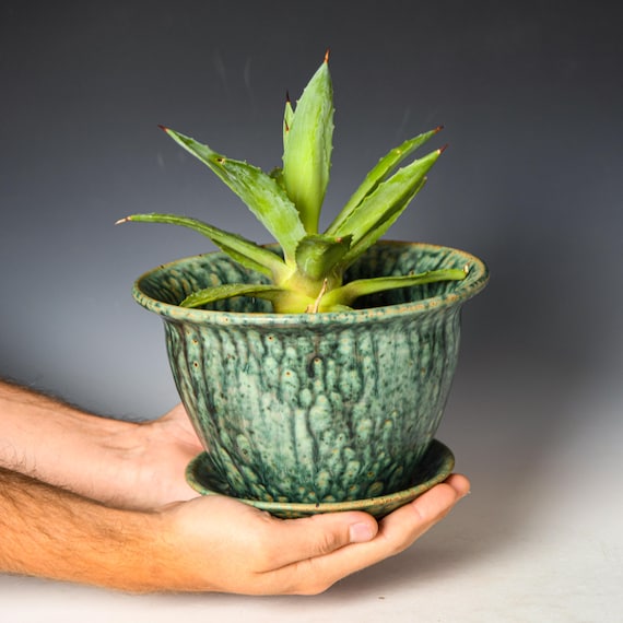 Ceramic Planter with Drainage Holes in Green & Black Glaze, Stoneware Plant Pot #712
