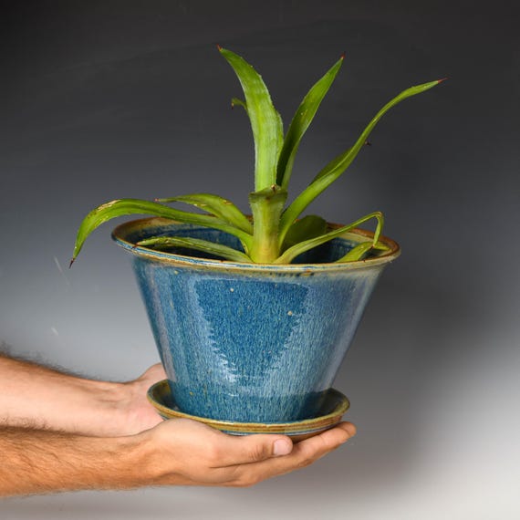 Wheel Thrown Planter with Drainage Holes | Stoneware Plant Pot | Blue Glaze #88