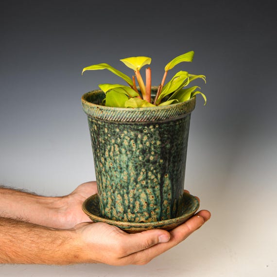 Ceramic Planter with Drainage Holes in Green & Black Glaze, Stoneware Plant Pot #573