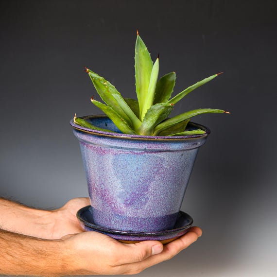 Ceramic Planter with Drainage Holes in Purple Glaze, Stoneware Plant Pot #722