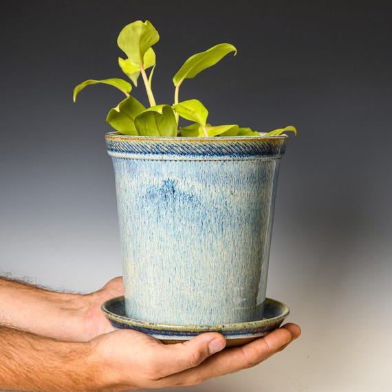 Wheel Thrown Planter with Drainage Holes in Blue & White Glaze, Stoneware Plant Pot #663