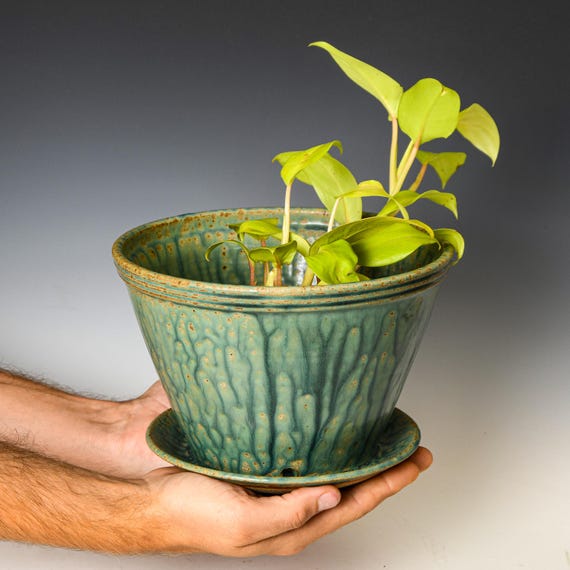 Wheel Thrown Planter with Drainage Holes in Green Glaze, Stoneware Plant Pot #670