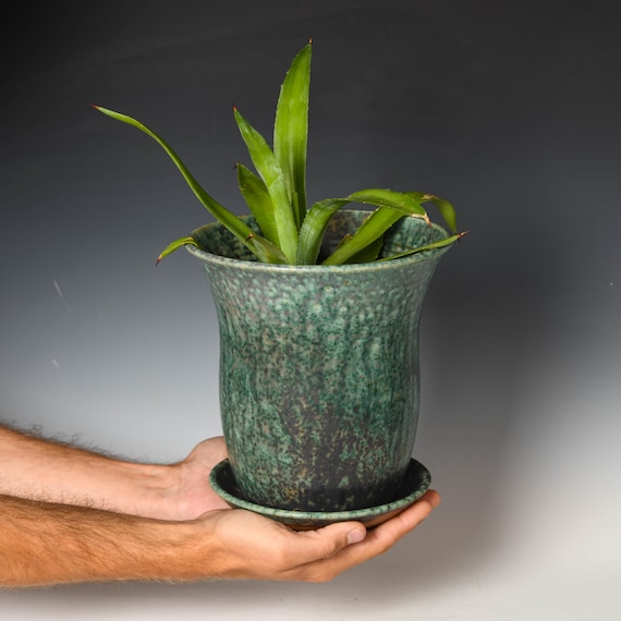 Wheel Thrown Planter with Drainage Holes | Stoneware Plant Pot | Green & Black Glaze #82
