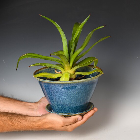 Wheel Thrown Planter with Drainage Holes | Stoneware Plant Pot | Blue Glaze #81