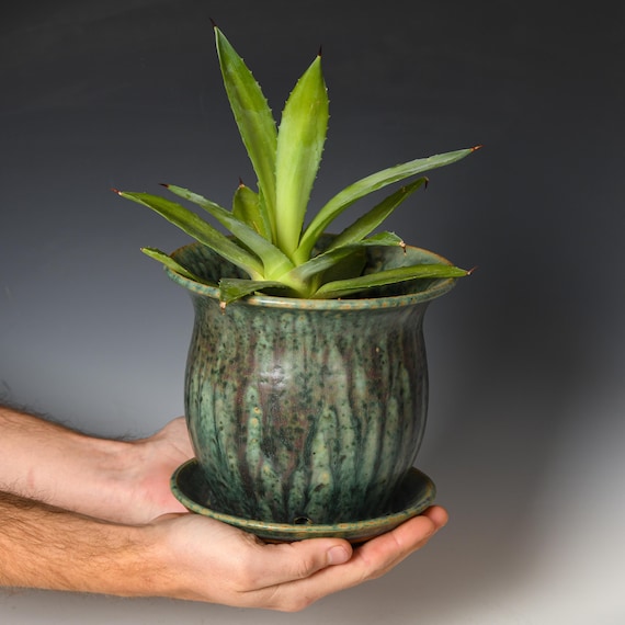 Wheel Thrown Planter with Drainage Holes | Stoneware Plant Pot | Green Glaze #10