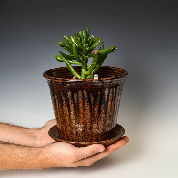 Pottery Planter with Drainage Holes in Red Glaze, Wheel Thrown Flower Pot, Stoneware Plant Pot #139