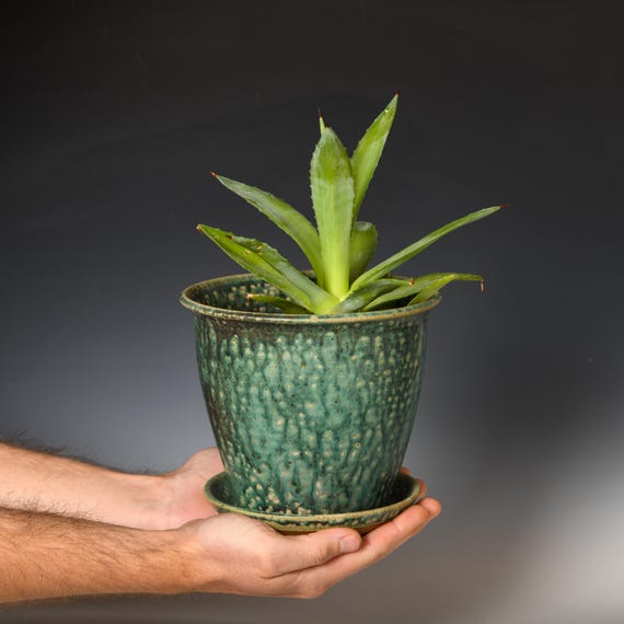 Ceramic Planter with Drainage Holes | Stoneware Plant Pot | Green Glaze #21