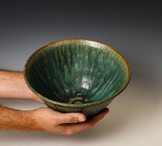 Ceramic Serving Mixing Bowl in Green Glaze, Fruit or Salad Art Bowl, Handmade Decorative Pottery Centerpiece #6