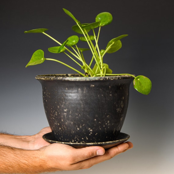 Ceramic Planter with Drainage Holes in Black & Green Glaze, Stoneware Plant Pot #620
