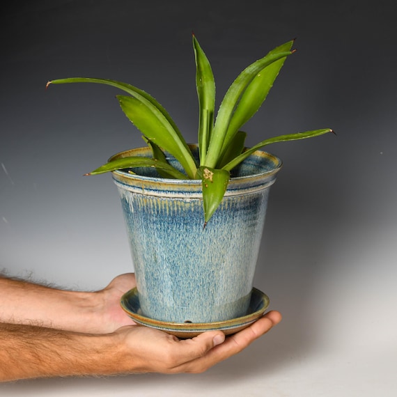 Wheel Thrown Planter with Drainage Holes | Stoneware Plant Pot | Blue & White Glaze #75