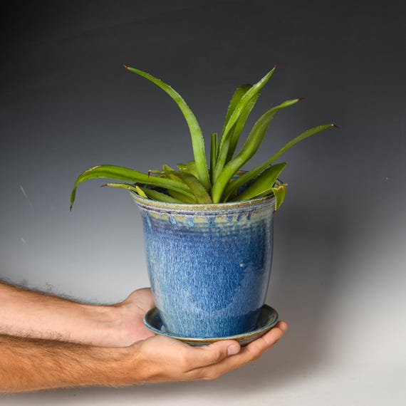 Ceramic Planter with Drainage Holes | Stoneware Plant Pot | Blue Glaze #78