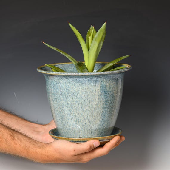 Ceramic Planter with Drainage Holes | Stoneware Plant Pot | Blue & White Glaze #44