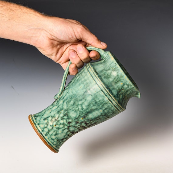 Stoneware Pitcher | Ceramic Flower Vase | Green Glaze #23