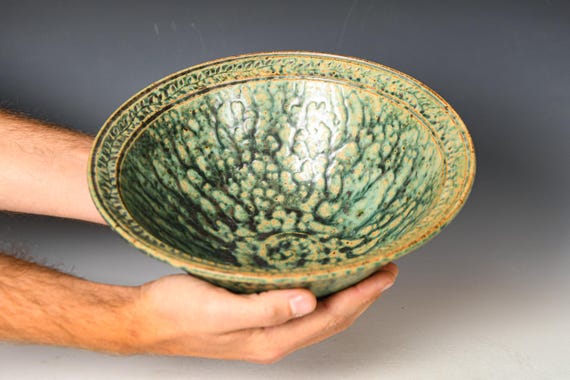 Ceramic Serving / Decorative Bowl / Green & Black Glaze #90