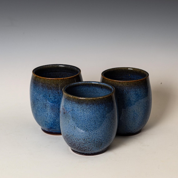 Stemless Wine Glass in Blue Glaze, Ceramic Whiskey Goblet, Handmade Stoneware Pottery Tableware