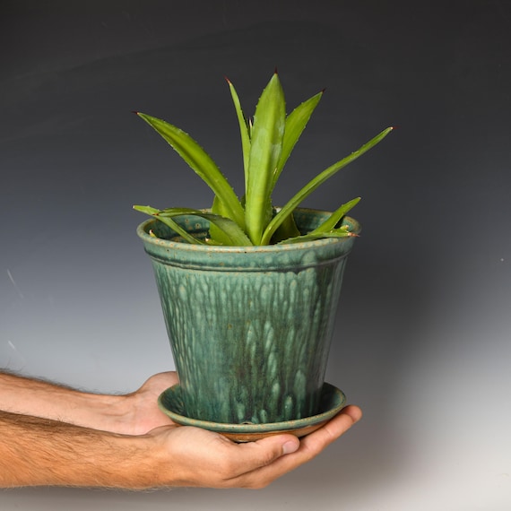 Ceramic Planter with Drainage Holes | Stoneware Plant Pot | Green Glaze #62