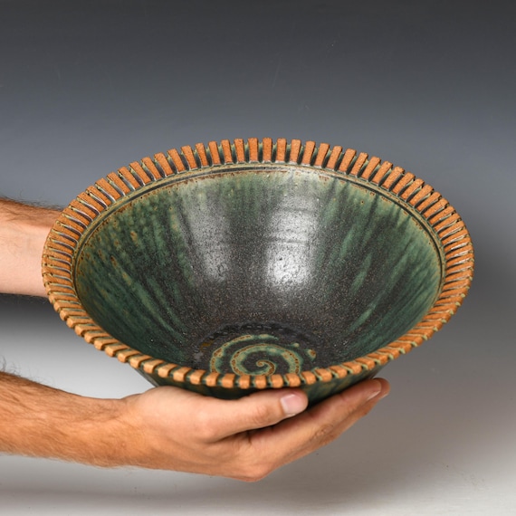 Ceramic Serving Bowl | Wheel Thrown Decorative Centerpiece | Green Glaze #19