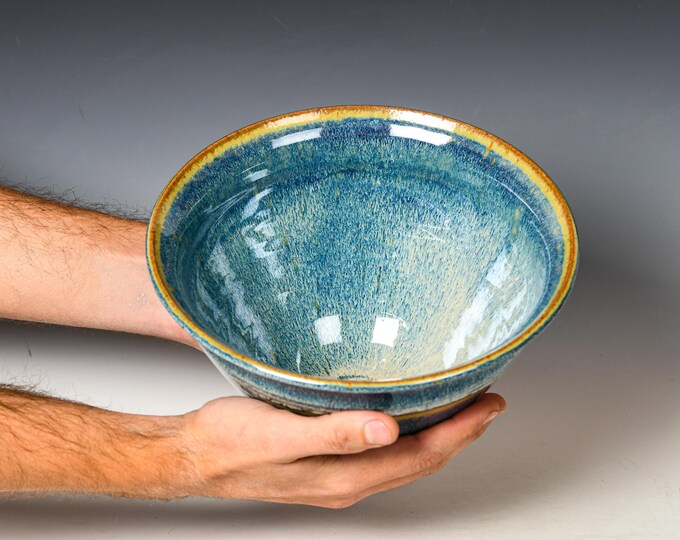 Ceramic Serving Bowl | Wheel Thrown Decorative Centerpiece | Blue Glaze ...