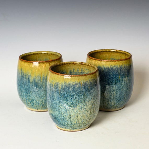 Stemless Wine Glass in Blue Glaze, Ceramic Whiskey Goblet, Handmade Stoneware Pottery Tableware