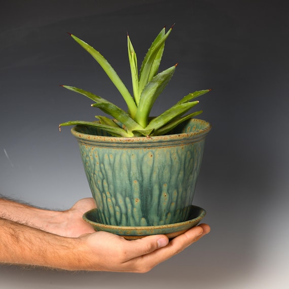 Ceramic Planter with Drainage Holes | Stoneware Plant Pot | Green Glaze #35