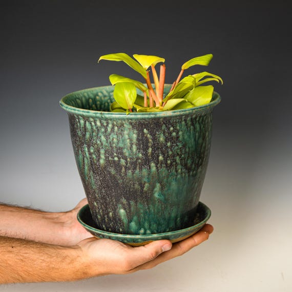 Ceramic Planter with Drainage Holes in Green & Black Glaze, Stoneware Plant Pot #579
