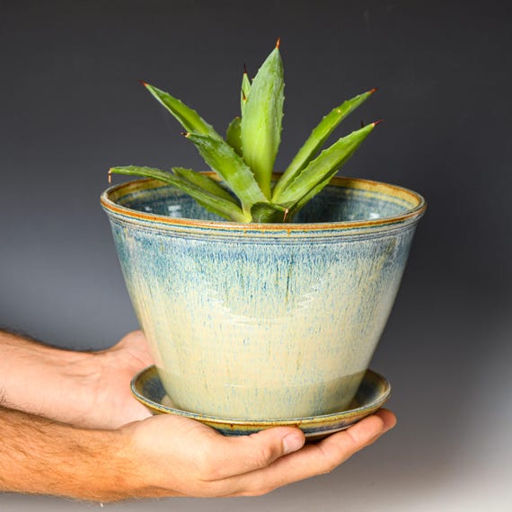 Ceramic Planter with Drainage Holes in Blue & White Glaze, Stoneware Plant Pot #735