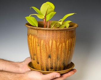 Pottery Planter with Drainage Holes in Yellow Glaze, Wheel Thrown Flower Pot, Stoneware Plant Pot #144