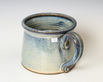 Soup Mug in Blue & White Glaze, Oversized Wide Ceramic Mug, Cappuccino Cereal Ice Cream Bowl