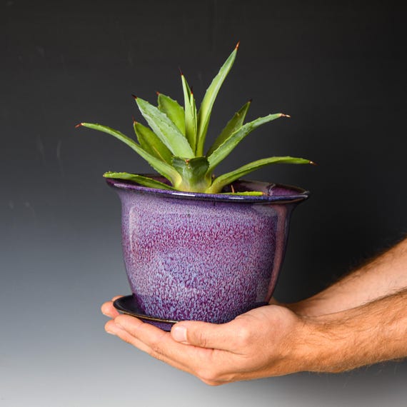 Wheel Thrown Planter with Drainage Holes in Purple Glaze, Stoneware Plant Pot #701