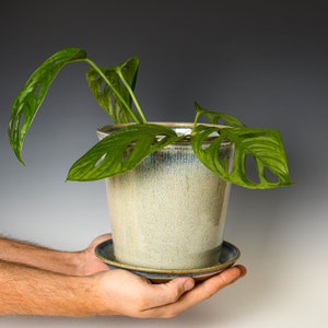 Pottery Planter with Drainage Holes in Blue & White Glaze, Wheel Thrown Flower Pot, Stoneware Plant Pot #178