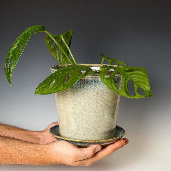 Pottery Planter with Drainage Holes in Blue & White Glaze, Wheel Thrown Flower Pot, Stoneware Plant Pot #178