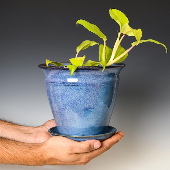 Wheel Thrown Planter with Drainage Holes in Blurple Glaze, Stoneware Plant Pot #669