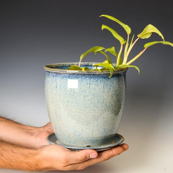 Ceramic Planter with Drainage Holes in Blue & White Glaze, Stoneware Plant Pot #660
