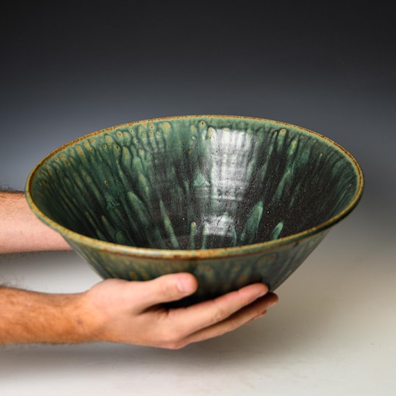 Serving Mixing Bowl in Green Glaze, Stoneware Fruit or Salad Art Bowl, Ceramic Decorative Pottery Centerpiece #48