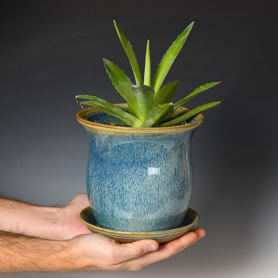 Ceramic Planter with Drainage Holes | Stoneware Plant Pot | Blue & White Glaze #9