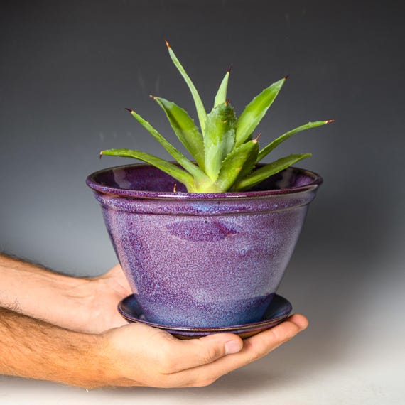 Ceramic Planter with Drainage Holes in Purple Glaze, Stoneware Plant Pot #736