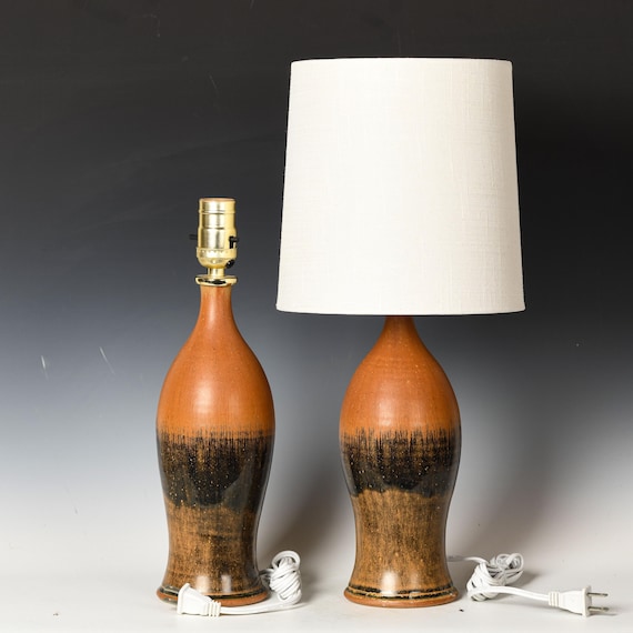 Ceramic Table Lamp Set | Pair of Stoneware Desk Light | Ash Glaze #49