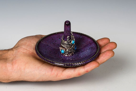 Stoneware Ring Keeper Holder in Purple Glaze, Ceramic Jewelry Dish