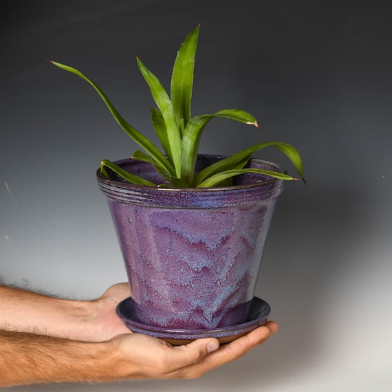 Wheel Thrown Planter with Drainage Holes | Stoneware Plant Pot | Purple Glaze #80
