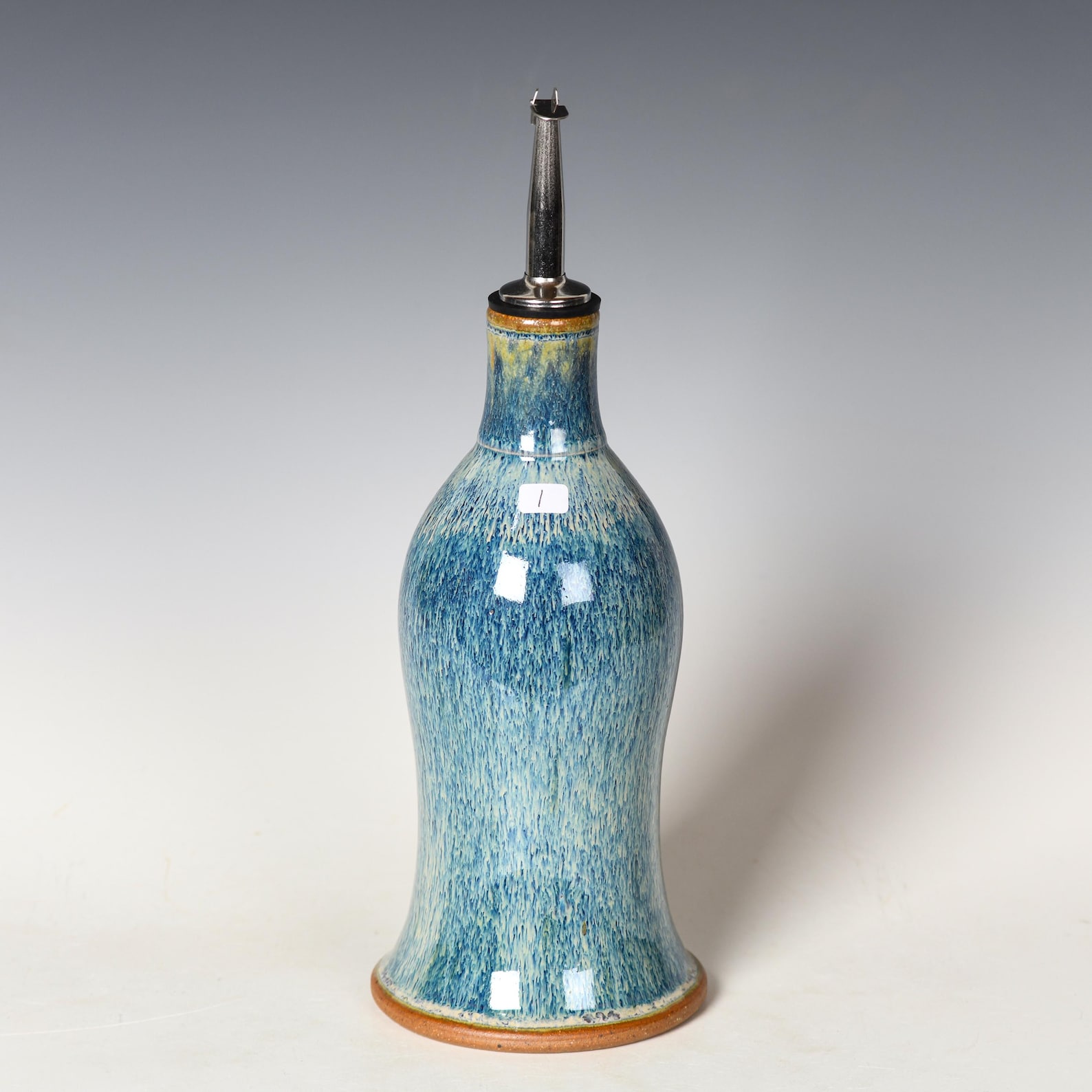 Handmade Stoneware Olive Oil Bottle: Blue & White Glaze, Non-Drip Spout