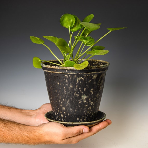Ceramic Planter with Drainage Holes in Black & Green Glaze, Stoneware Plant Pot #602