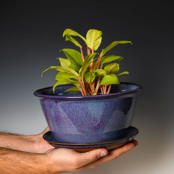 Pottery Planter with Drainage Holes in Purple Glaze, Wheel Thrown Flower Pot, Stoneware Plant Pot #533