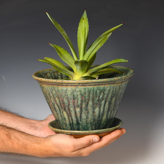 Ceramic Planter with Drainage Holes | Stoneware Plant Pot | Green Glaze #43