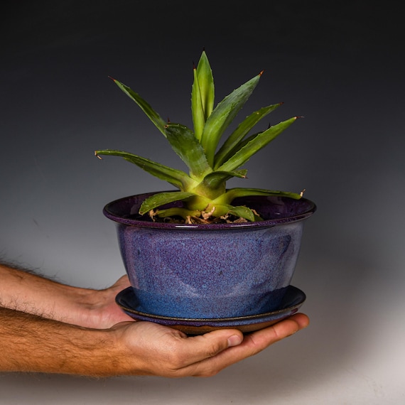 Ceramic Planter with Drainage Holes in Purple Glaze, Stoneware Plant Pot #759