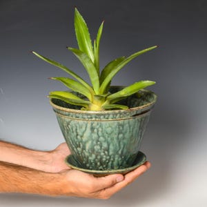 Wheel Thrown Planter with Drainage Holes | Stoneware Plant Pot | Green Glaze #65