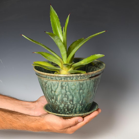 Wheel Thrown Planter with Drainage Holes | Stoneware Plant Pot | Green Glaze #65