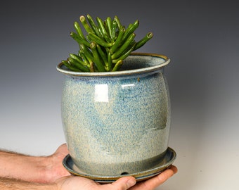 Pottery Planter with Drainage Holes in Blue & White Glaze, Wheel Thrown Flower Pot, Stoneware Plant Pot #159