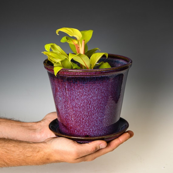 Ceramic Planter with Drainage Holes in Purple Glaze, Stoneware Plant Pot #570